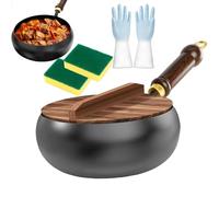 Japanese Iron Pan with Wooden Lid Forged,Uncoated Iron Pans,Non-Stick Pan for Natural Cooking,Gas Stove and Induction Stove (24CM)