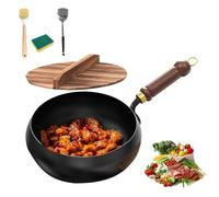 Japanese Iron Pan with Wooden Lid, Uncoated Cast Iron Frying Pan, Hand-Forged Cast Non Stick Pot for Induction Cookers and Gas Stoves (Hammered, 24cm)