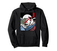 Japanese Kaiju Monster vs Laser Cat Eye Great Wave Red Sun Pullover Hoodie
