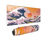 Japanese Kanagawa Great Wave Sakura Trees Mount Fuji Background Sunset Gaming Keyboard Mouse Pad Mousepad Accessories Huge Extended XL Stitched Edge Rubber Sole for Home Office(31.5"X 11.8")