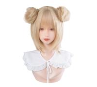 Japanese Kawaii Lolita Wig Short Straight Wig with 2 Buns Cute Bob Hair Synthetic Fiber Wigs (Golden)