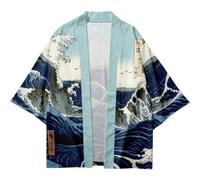Japanese Kimono Cardigan Island Wave Style Kimono Shirt Summer -sleeved Shirt Coat Beach Yukata Haori for Men Boys