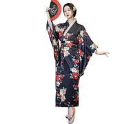 Japanese Kimono Costume for Women Traditional Floral Print Yukata Geisha Long Swimsuit with Belt Obi, Marine, Talla única
