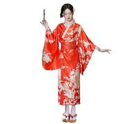 Japanese Kimono Costume for Women Traditional Floral Print Yukata Geisha Long Swimsuit with Belt Obi, Red -, Talla única