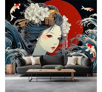 Japanese Kimono Geisha Koi Fish Non-Woven Wallpaper 200 x 140 cm Bedroom Wall Mural, Black Photo Wallpaper Poster Wall Covering - Children’s Room Home Restaurant Living Room Hallway