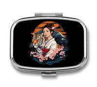 Japanese Kimono Tiger Cherries Flowers Small Pill Organizer with 2 Compartments