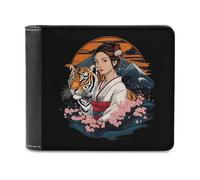 Japanese Kimono Tiger Cherry Flowers Leather Bifold Wallet for Men Slim Card Cases with 6 Slot Minimalist Purse Coin Clip