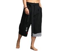 Japanese Kimono Traditional Pants Men Asian Clothing Bath Pant Casual Loose Male Japan Style Linen Cropped Pants black 2XL Weight 75-85KG