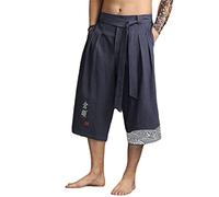Japanese Kimono Traditional Pants Men Asian Clothing Bath Pant Casual Loose Male Japan Style Linen Cropped Pants blue L Weight 55-65KG