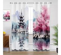 Japanese Kitchen Curtains for Windows - Cherry Blossom Watercolor Landscape Blackout Eyelet Curtain 54 Drop, Short Curtains for Bedroom, W46 X D54, 2 Panels Drapes Home Decor