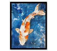 Japanese Koi Carp Fish in Pond Watercolour Splat Framed Art Print Artery8 Orange A4