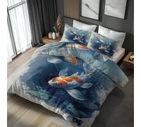 Japanese Koi Duvet Cover King Size Bedding Sets, Lotus Leaf Carp Pattern, Reversible Design Bedroom Decor Bed Quilt Cover with 2 Pillowcases, Microfiber, Zip - SMK28185