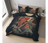 Japanese Koi Duvet Cover Set Emperor Size, Wave Asian Oriental Bedding Set 290x235 cm, Quilt Cover with 2 Pillowcases, Soft Microfiber 3pcs, Zip 21D&-29