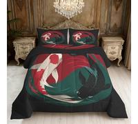 Japanese Koi Fish Coverless Duvet Double, Yin Yang Oriental Reversible Comforter Set 3 Pcs, 2 Pillowcases, Bedroom Decor, 10.5 Tog Soft Lightweight Warm All Seasons BZ-US1192