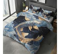Japanese Koi Fish King Size Duvet Cover Set, Oriental Waves Carp Bedding Set, Microfiber Soft Reversible Quilt Cover 230x220 + 2 Pillowcase, Zipper Closure, Bedroom Decor BhT41