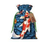 Japanese Koi Fish Printed Christmas Drawstring Bags Reusable Bag for Party Xmas Gift Wrapping, Green Ribbon, S