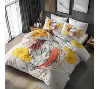 Japanese Koi Fish Queen Size Duvet Cover Set - Chrysanthemum Oriental Floral Bedding Set with 2 Pillow Cases 50x75 cm - Soft Microfiber Non Iron Quilt Cover 220x220 cm with Zipper Closure, QH-84