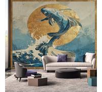 Japanese Koi Fish Wallpaper Mural, 3D Effect Japan Wave Photo Wallpaper, 400cmx280cm Silk Cloth Wall Art Roll Wallpapers for Wall Covering A-8800