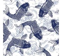 Japanese Koi Upholstery Fabric by The Yard, Ocean Wave Hokusai Reupholstery Fabric for Chairs, Exotic Carp Fish Marine Sea Decorative Waterproof Outdoor Fabric, 3 Yards, White Blue