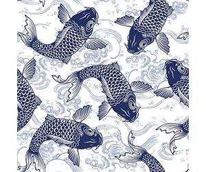 Japanese Koi Upholstery Fabric by The Yard, Ocean Wave Hokusai Reupholstery Fabric for Chairs, Exotic Carp Fish Marine Sea Decorative Waterproof Outdoor Fabric, 3 Yards, White Blue