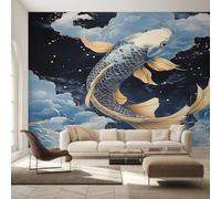 Japanese Koi Wallpaper for Living Room & Bedroom & Hallway, Non-Woven Oriental Asian Koi Fish Mural Wallpaper, Wall Mural Wall Decoration 390 x 260 cm (WxH) K-MZ&10