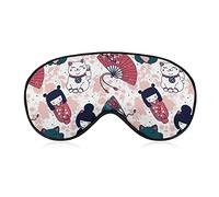 Japanese Kokeshi Dolls Maneki Neko Eye Mask for Sleeping Blackout Night Blindfold with Adjustable Strap for Men Women Travel Yoga Nap