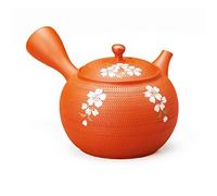 Japanese Kyusu Round Teapot, Traditional Tokoname Ceramic, 320cc, Orange and Shidarezakura Tamahikari Cherry Blossoms, with Built-in Filter, Made in Japan