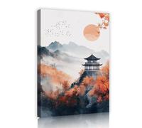 Japanese Landscape Canvas Wall Art Gazebo Temple Autumn Misty Mountain Scene Posters Prints for Living Room Bedroom Wall Decor Pictures 85x120cm Innerframe