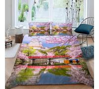 Japanese Landscape Double Duvet Cover Set Retro Architecture Bedding Double Bed Set 3D Print Soft Comfort Microfiber Quilt Cover 200x200 cm with Zipper Closure and 2 Pillowcases Z.1929