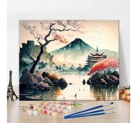 Japanese Landscape Paint by Numbers, Mount Fuji Paint by Numbers Kit for Adults, Japan Cherry Trees, Watercolour Paint by Numbers Kits, Easy Paint by Numbers for Beginners, Crafts, 16 x 20 Inches
