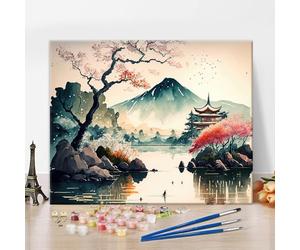 Japanese Landscape Paint by Numbers, Mount Fuji Paint by Numbers Kit for Adults, Japan Cherry Trees, Watercolour Paint by Numbers Kits, Easy Paint by Numbers for Beginners, Crafts, 16 x 20 Inches