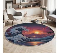 Japanese Landscape Painting Round Rugs 100cm Non Slip Round Area Rug Short Pile Hokusai'S The Great Wave Bedroom Circle Carpet Washable Floor Mat Rugs for Kids Room Dining Room Decor, Dark Blue