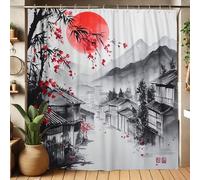 Japanese Landscape Shower Curtain, Red Sun Black White Watercolor Bathroom Decor for Spring Summer, Minimalistic Style with Hooks 72x78 Inch