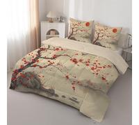 Japanese Landscape Super King Duvet - Coverless Duvet with Flower Branch Red Sun Pattern - Soft Reversible Superking Duvets 7.5 Tog for All Season - Lightweight Washable Quilt - H-732