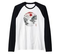 Japanese Landscape Vintage Lake Mountain Retro Sunset Art Raglan Baseball Tee
