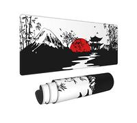 Japanese Large Black Mouse Pads for Desk, Full Desk Gaming Mousepad with Mountains and Red Sun, Extended Long XL Computer Mat with Stitched Edges and Non-Slip Base for Desktop, Keyboard, 31.5*11.8 In