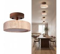 Japanese Light Fixture, Yellow Travertine Ceiling Light with Solid Wood Base, Nordic Flush Mount Stone Lamp for Bedroom, Hallway, Entryway (B)