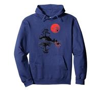 Japanese Logo Sunset Mount Fuji Pagoda Temple Japanese Art Pullover Hoodie, Adult Unisex, Navy Blue, Large