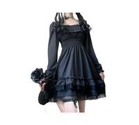 Japanese Lolita Style Women Princess Black Mini Dress Slash Neck High Waist Gothic Dress Puff Sleeve Lace Ruffles Party Dresses