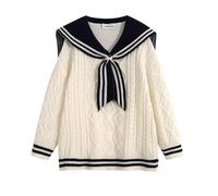 Japanese Lolita Uniform Sailor Collar Kawaii Cute Sweaters Soft Tops Loose Casual Cable Knit Long Sleeve Pullover Tops, White, XXL