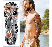 Japanese Lotus Clouds Temporary Tattoo Sleeve - Smoke Flowers Black Grey Orange Realistic Waterproof Transfer Sticker Arm Body Art Men Women Kids 17cm x 48cm - By Delusion Tattoos