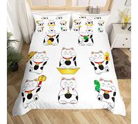 Japanese Lucky Cat Duvet Cover Kawaii Cats Bedding Set for Kids Boys Girls Room Exotic Style Black White Kitten Comforter Cover Set Japanese Bedspread Cover 2Pcs Zipper Single Size