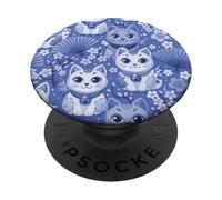 Japanese Lucky Cat Pattern Blue and White PopSockets Adhesive PopGrip