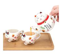 Japanese Lucky Cat Tea Set Ceramic Maneki Neko Teapot, 2 Teacups, Tea set, with Stainless Steel Infuser in Gift Box (Red Scarf)