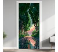 Japanese Manga Trees 3D Door Mural Self-Adhesive, Street Road Door Stickers Removable Murals Art, Comics Plant Door Decals PVC Wallpaper, for Office Bathroom Bedroom Decoration, 85x200 cm