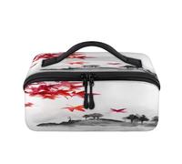 Japanese Maple Ink Painting Travel Makeup Bag Portable Japanese Happiness Waterproof Pouch Open Flat Toiletry Bags Toiletries Cosmetics Traveling Organizer for Women Men