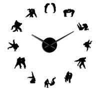 Japanese Martial Judo Players 3D DIY Frameless Wall Clock, Modern Mirror Numbers, Silent Stick-on Timepiece (Black,27inch)