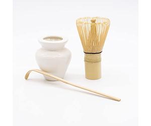 Japanese Matcha Ceremony Accessory Set - 3PC Set Includes Handmade Bamboo Whisk, Spoon/Scoop for Green Tea & Traditional Tea Spoon - White Ceramic Whisk Stand Holder & Organic Frother - by Trixes