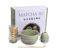 Japanese Matcha Set 4PCS, Matcha Whisk (Chasen), Matcha Scoop (Chashaku), Matcha Bowl, Ceramic Whisk Holder, Matcha Tea Kit for Tea Lovers, Classic Green Matcha Making kit