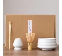 Japanese Matcha Tea Making Kit - Bamboo Whisk and Ceramic Bowl Set, 4pcs Accessories Set, White